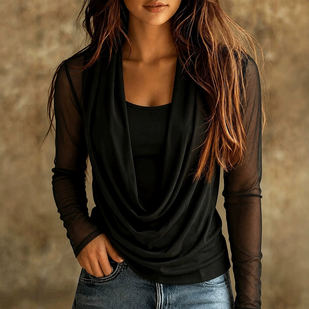 ZARA Cowl Neck Mesh Spliced Long Sleeve Shirt Solid Cami Sexy Commuter Top